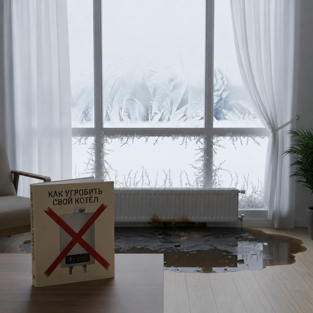 Замёрзшее окно и лужа тёмной воды из радиатора отопления рядом с книгой Как угробить свой котёл - последствия отсутствия промывки